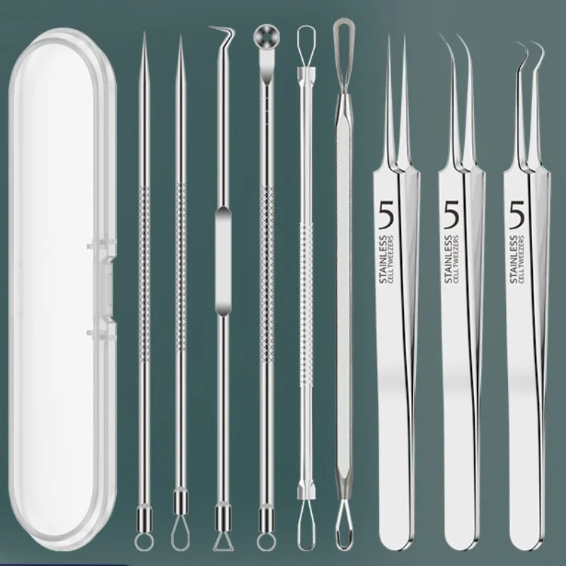 Ensemble d'outils d'extraction de points noirs et de points noirs, rangement pratique, outils d'extraction de boutons et de imperfections en acier inoxydable 9 pièces