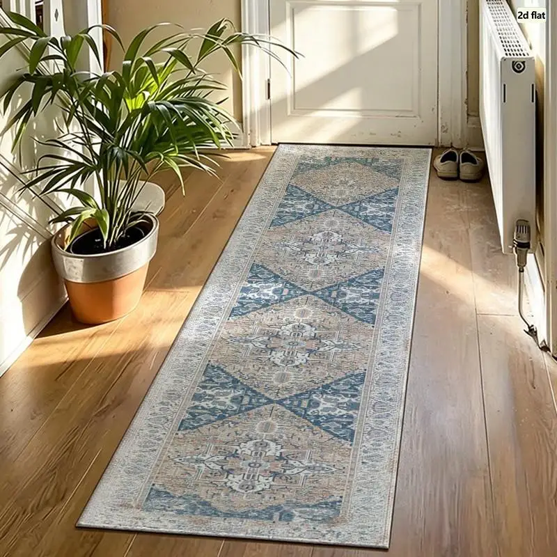 Faded Distressed Blue Oriental Carpet Flooring, Vintage Medallion Boho Area Rug for Bedroom Floor