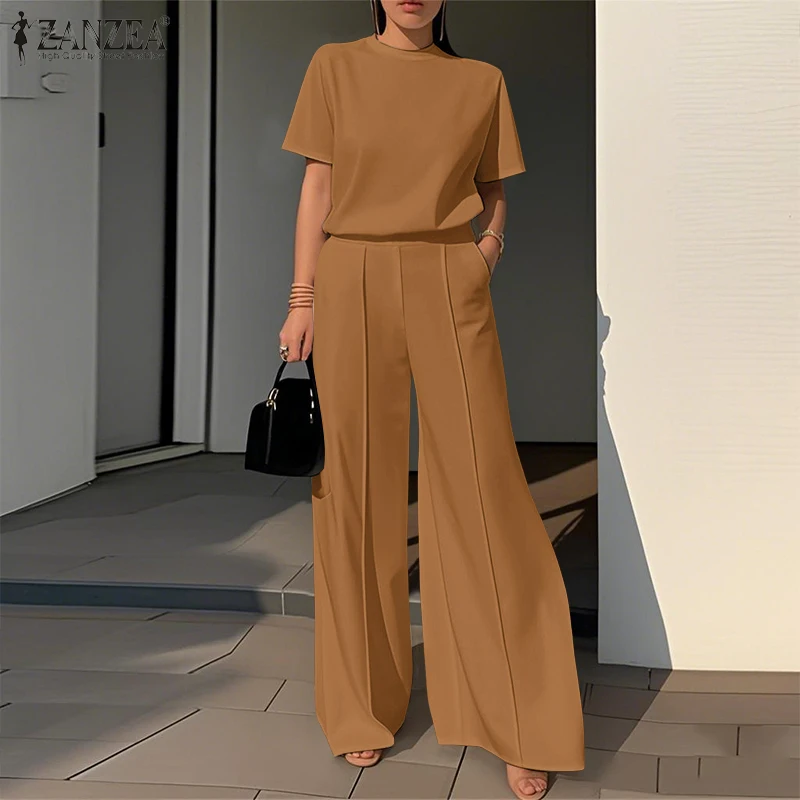 Sommer-Hosenanzüge ZANZEA Büro-Damen 2-teiliges Set Elegante Kurzarm-Bluse Weite Hosen Anzug Mode 2-teiliges Arbeits-OL-Outfit