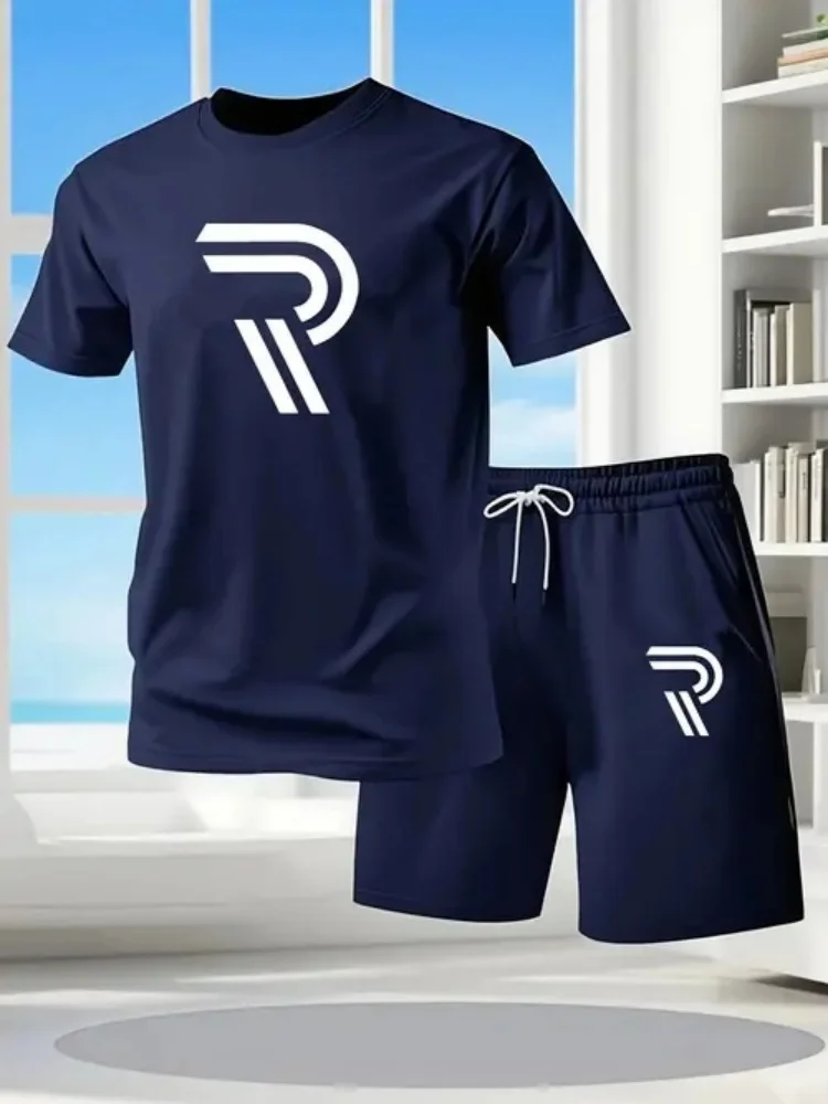 

Новый мужской летний комплект футболок с короткими рукавами, модная спортивная одежда из двух предметов, повседневные шорты, спортивная одежда, мужской комплект спортивной одежды