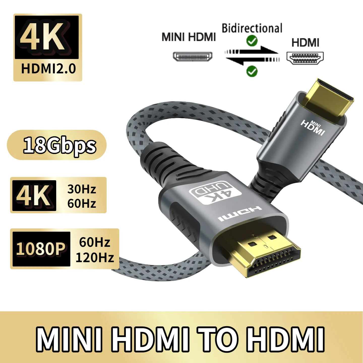 미니 HDMI-HDMI 케이블 HD 4K@60Hz 18Gbps 고속 브레이드 HDMI 호환 케이블 카메라 HDTV 태블릿용 양방향 2.0코드