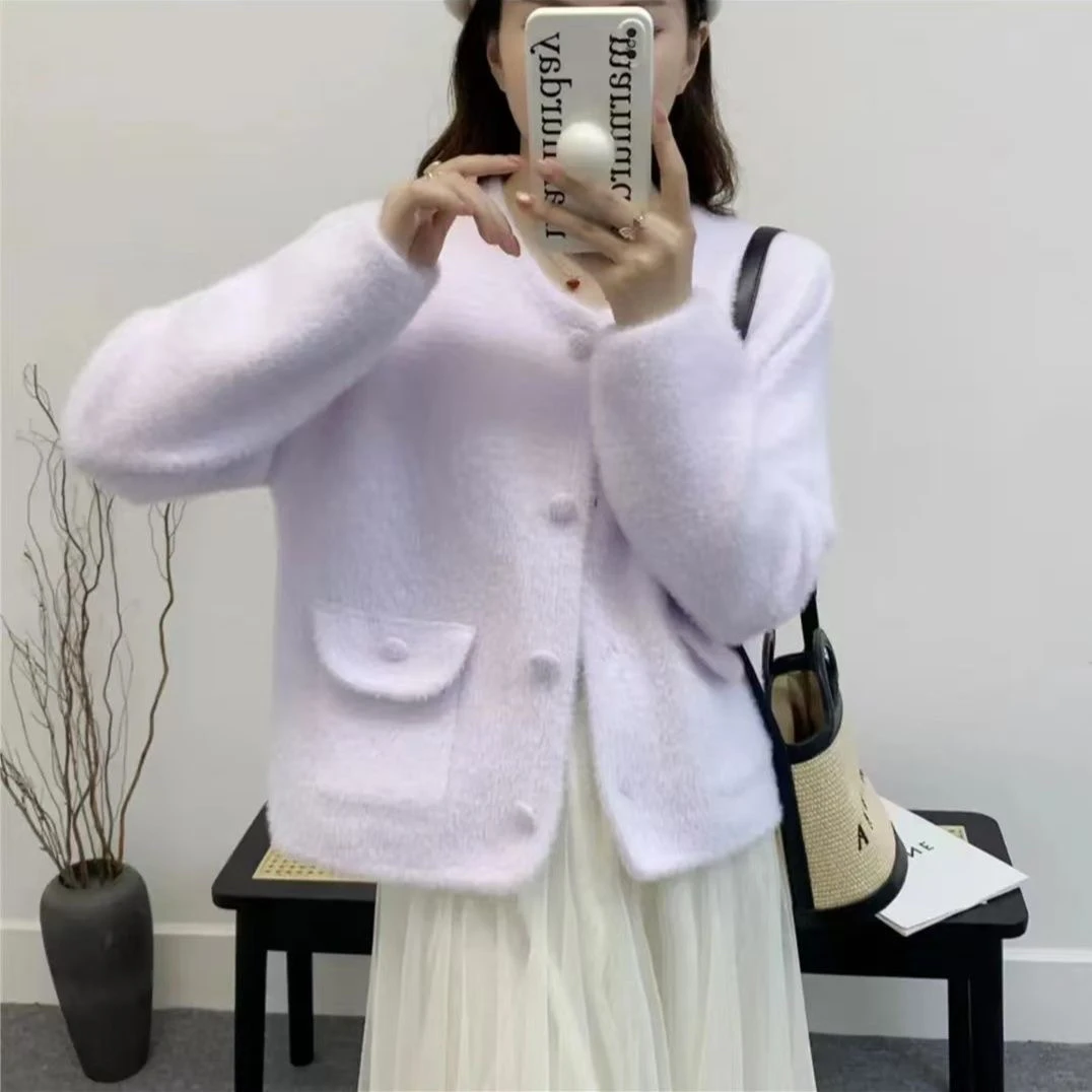 

Soft Thiened Knitted Mink Imitation Outerwear Milk Flavor Healing High-End Feeling Commute Sle Loose Fit Long Sve Coat