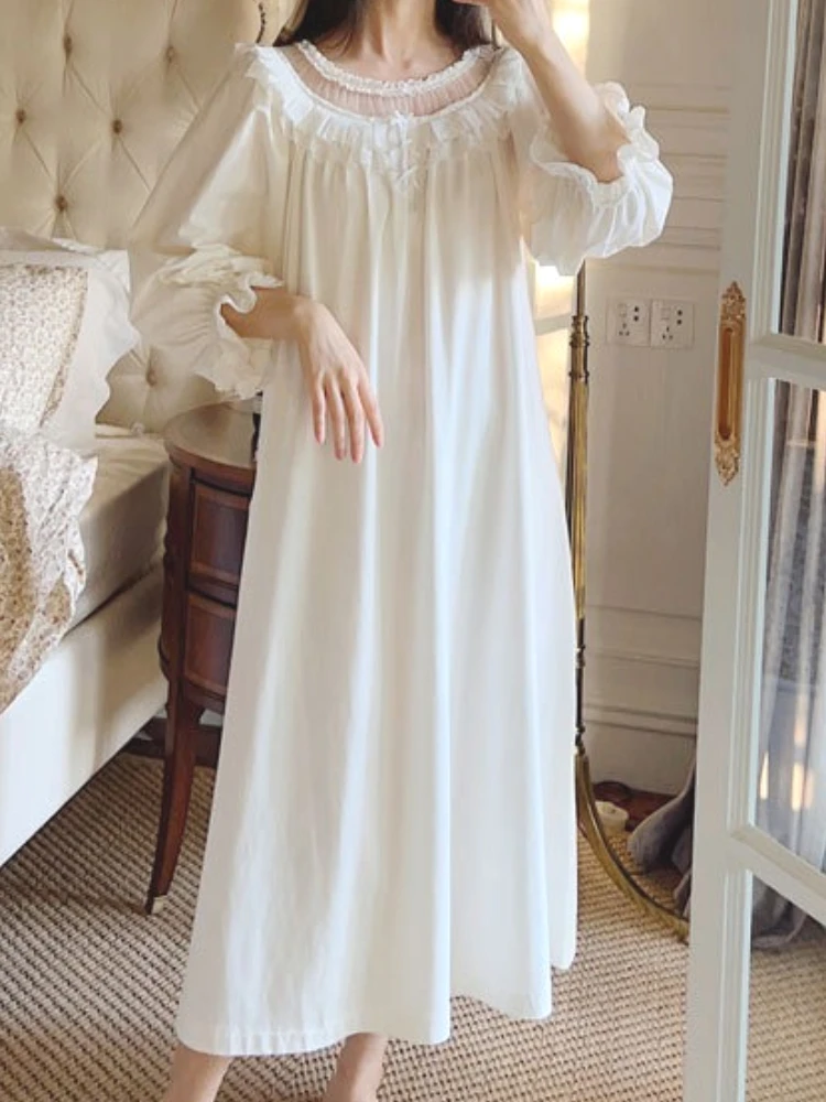 

Женские винтажные ночные рубашки в придворном стиле, одежда для сна, ночная рубашка принцессы, хлопковая ночная рубашка с длинными рукавами и милыми кружевными оборками, домашнее платье