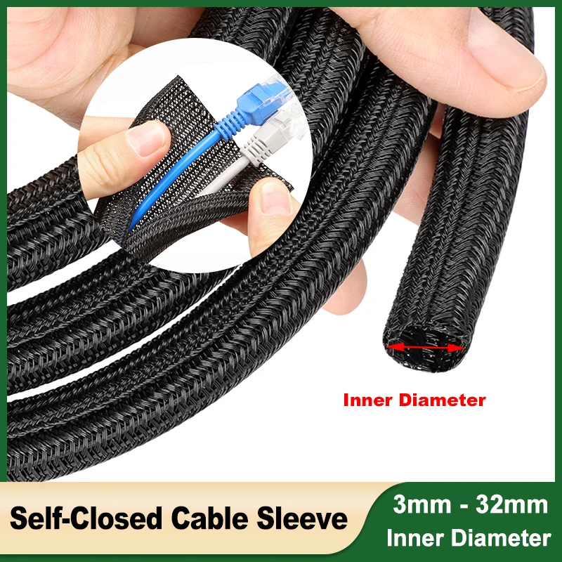 

1M - 50M Cable Sleeve Black 3 5 8 10 13 16 19 25 32mm Self-Closed PET Braided Insulated Split Tube Power Cord Wire Protection