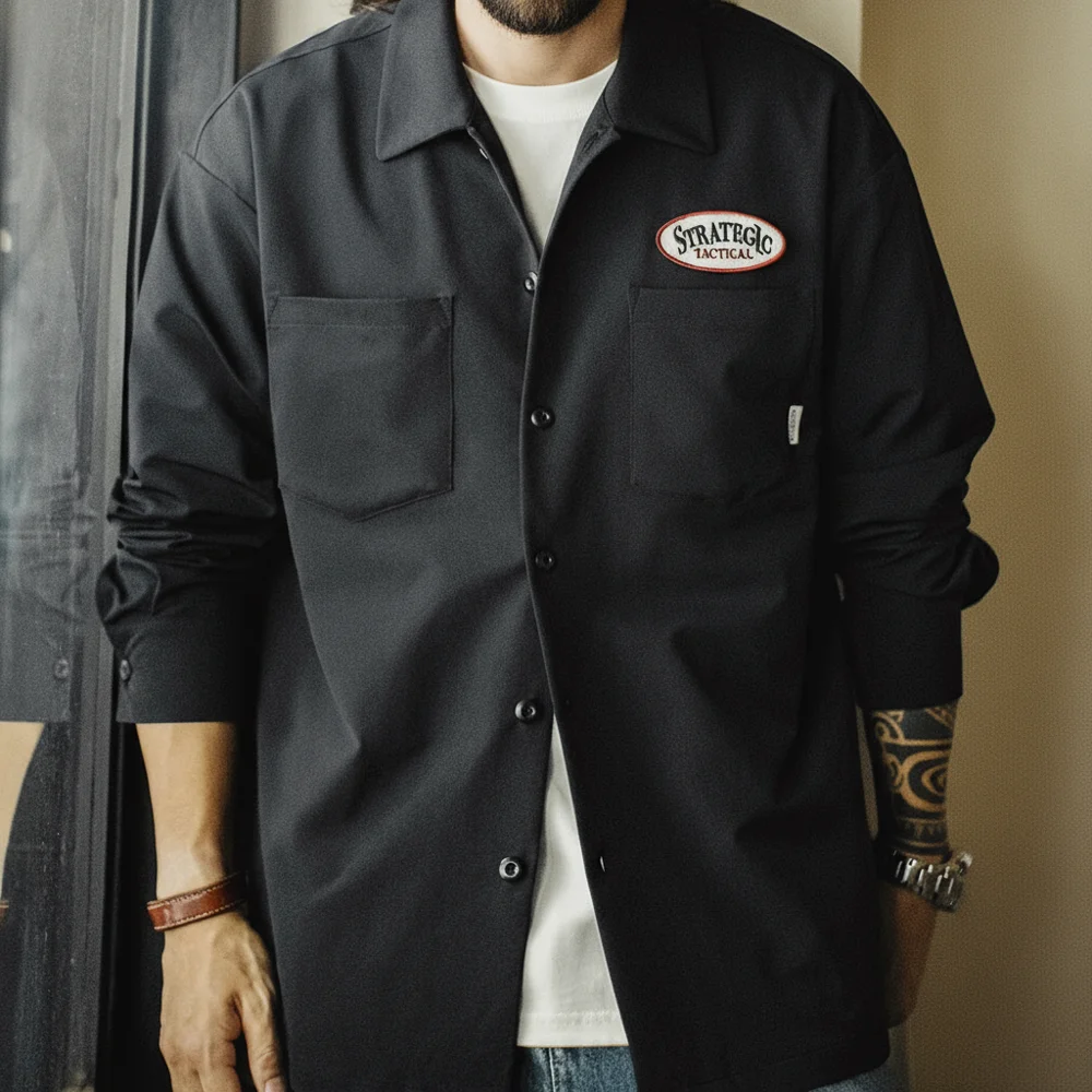 Maden Camisa utilitaria de manga larga tejida negra vintage para hombre con bolsillos en el pecho Blusa liviana Sobrecamisa de un solo pecho para otoño