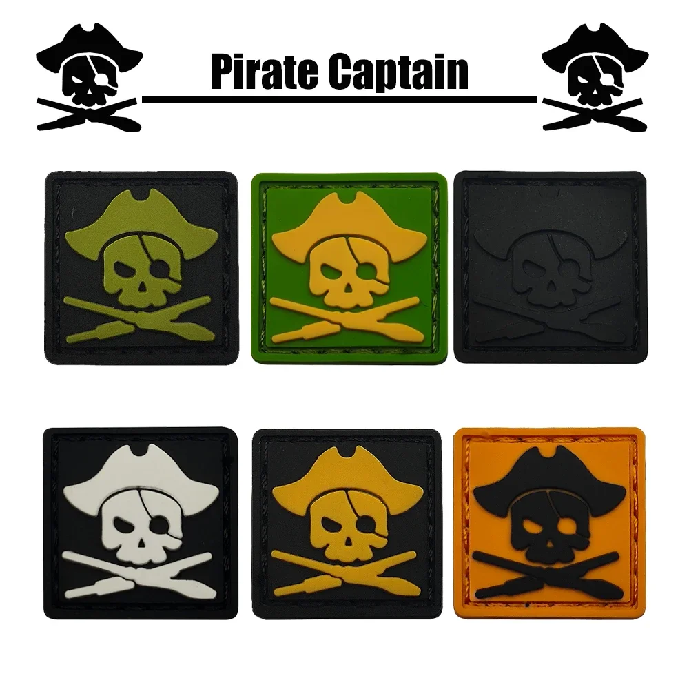 1 inch Sqaure Pirate Captain With Gun Mini Skull Tactical PVC 3D Rubber Pirate Patch For Bag Hat Jacket Shirt Sew-on