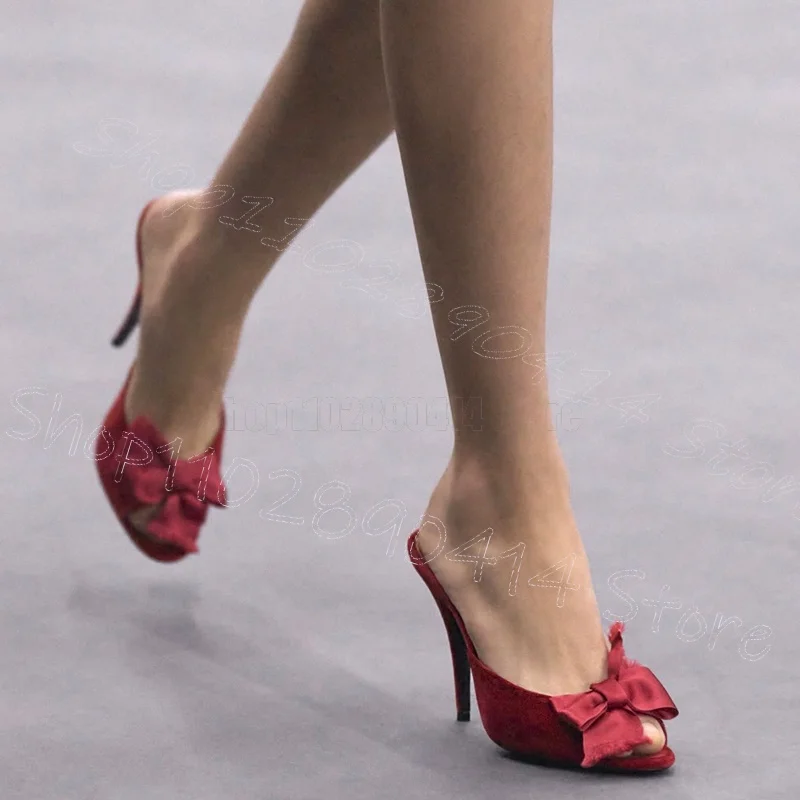 

Burgandy Silk Bow Knot Peep Toe Slippers Slip On Women Shoes Thin High Heels Fashion Party Feast Dating 2026 Zapatos Para Mujere