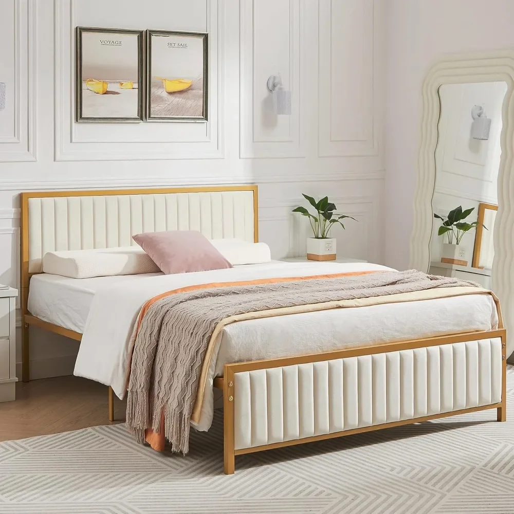 

Queen Bed Frame with Upholstered Tufted Headboard & Footboard, Heavy Duty Steel Slats Platform, No Box Spring Needed, Golden