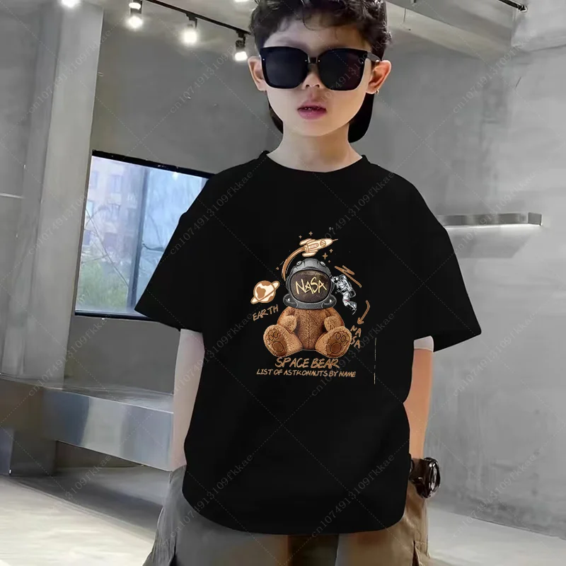 Funny Bear Riding Print Boy Girl White T-shirt Kid Summer Harajuku Kawaii Funny Little Baby Y2K Clothes Boy Girls Teenager Tees