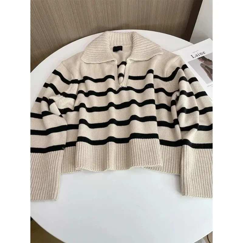 KH@IT* Sweater 2023 Autumn/winter New Retro Striped V-neck Polo Collar Versatile Casual Knitted Wool Jumper Women