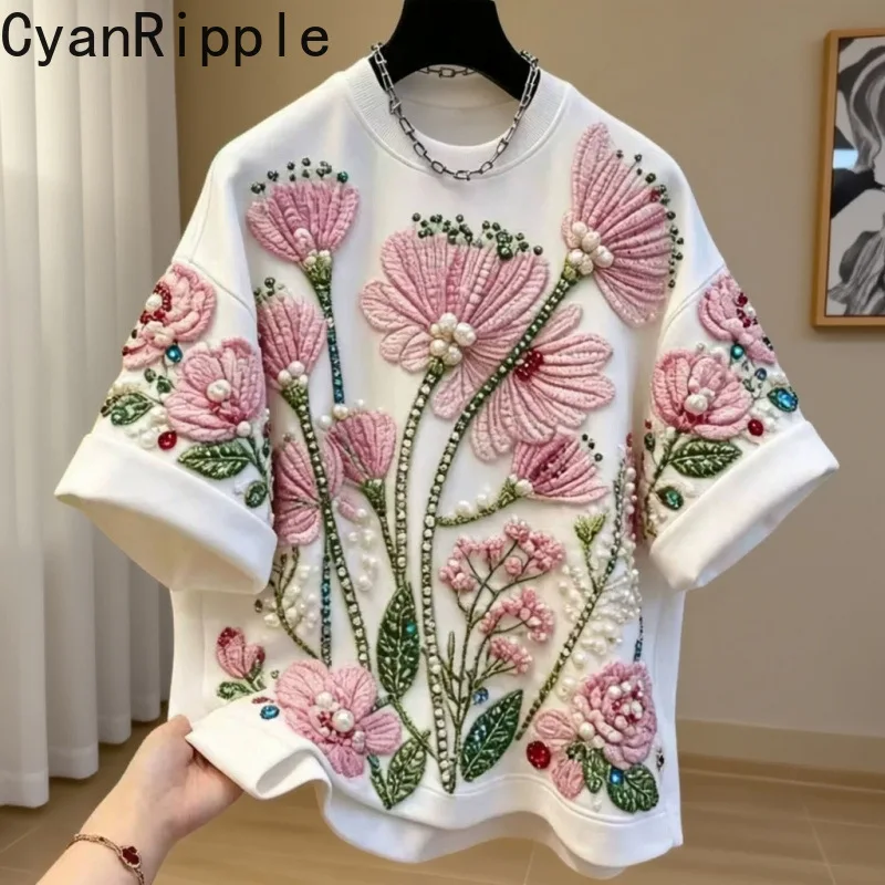 Elegant New Spring Summer Loose Women Basic T-shirt Luxury Beading Flowers Round Neck Pullover Top All-match Short Sleeve Tees