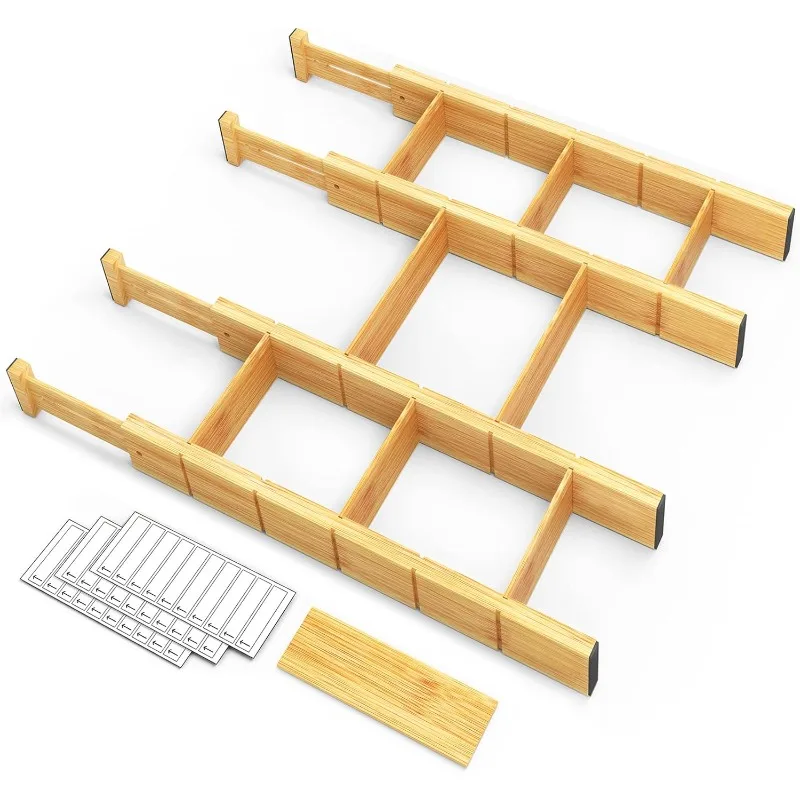 Bamboo Drawer Dividers with Inserts  Expandable Organization for Home, Office, Dressers, 4 Dividers with 9 Inserts (17-22 in)