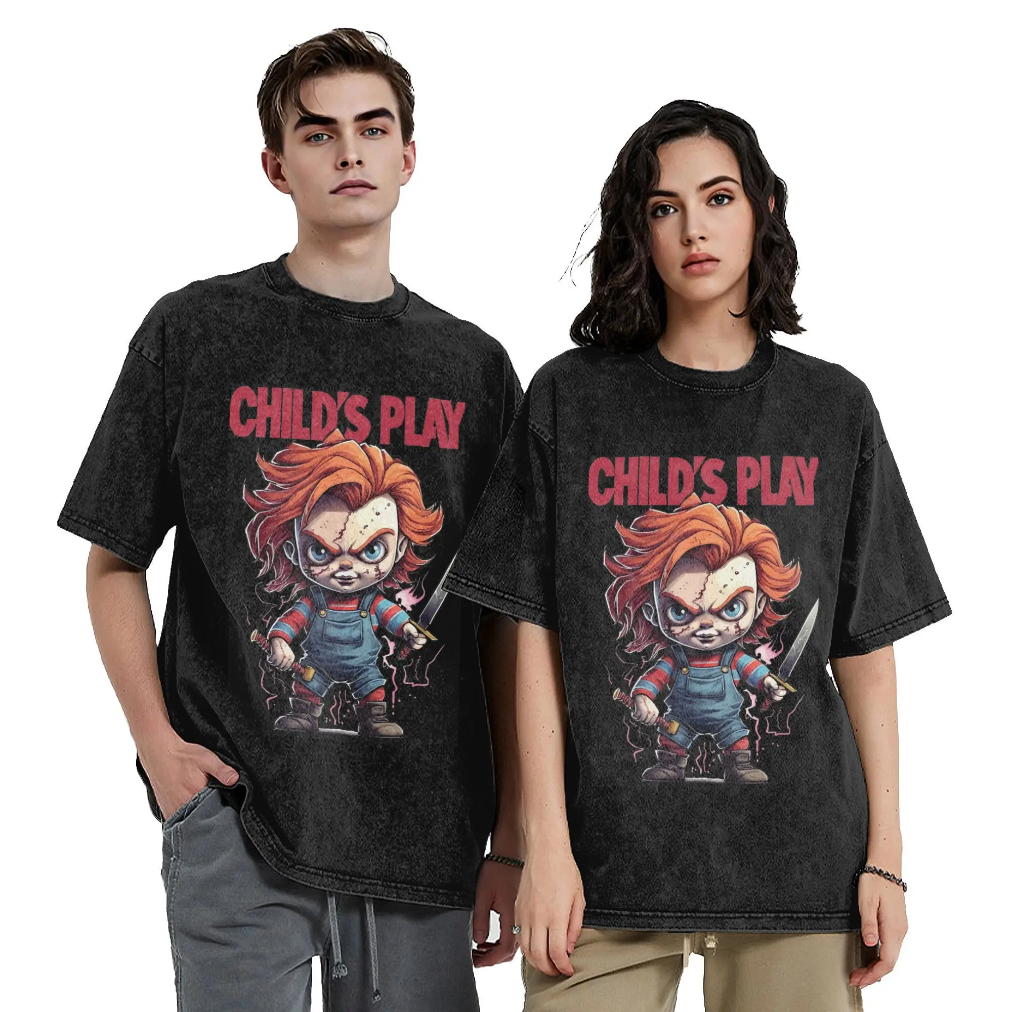 

Child's Play with Chucky Vintage Washed T-Shirt Men Women Awesome 100% Cotton Tee Shirt Round Neck T Shirts Graphic Clothing