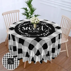 1 Piece Black White Checkered Circular Tablecloth Waterproof Dining Table Cover Lemon Bohemian Style 63 inch Tablecloth