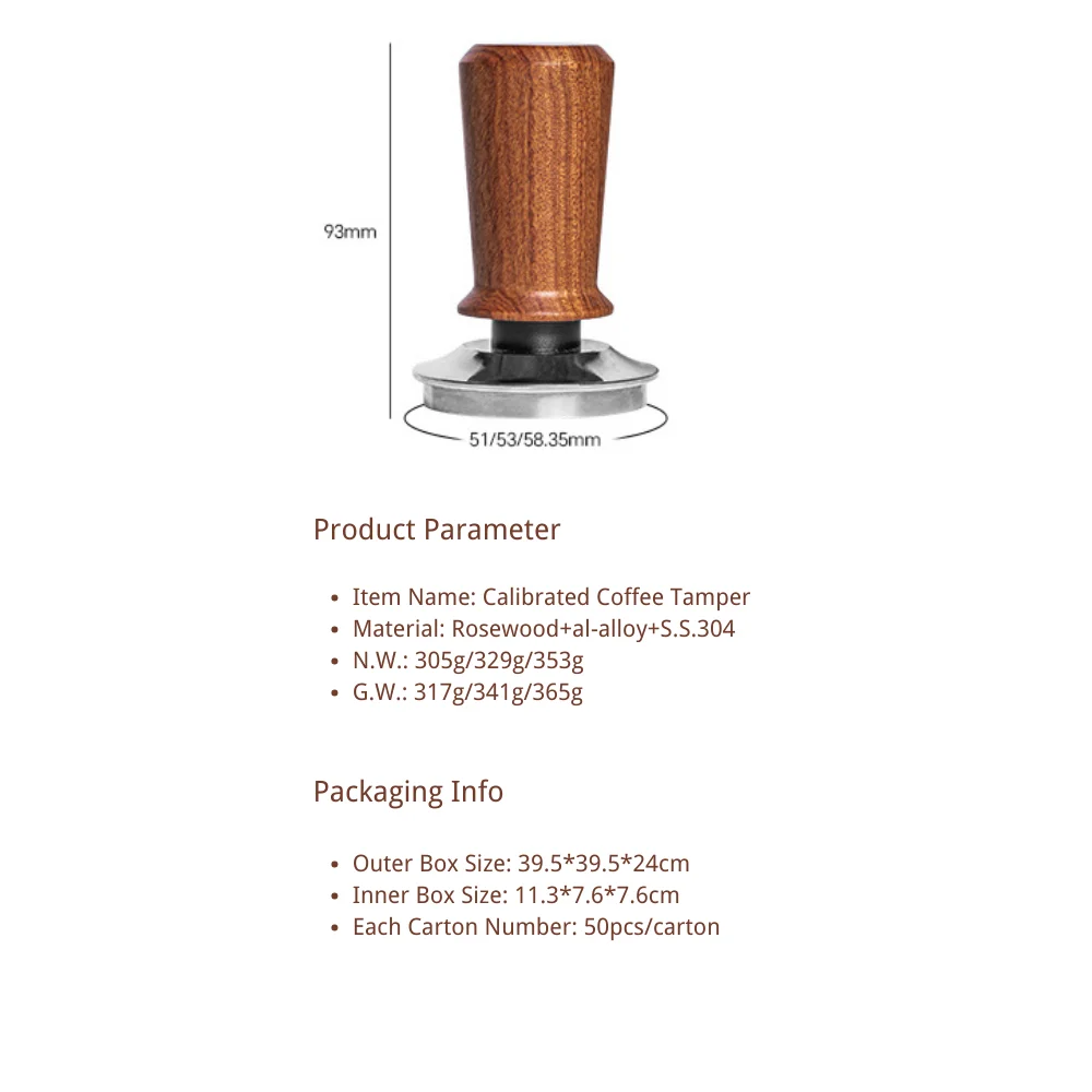 51mm 53mm 58mm 30 lb Redrose Wood Handle Stainless Steel Base Espresso Barista Tool Spring Loaded Calibrated Coffee Tamper