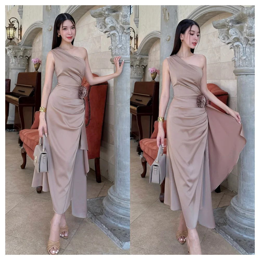 Personalizado sereia gracioso cetim vestido de noite temperamento um ombro sem mangas vestido de festa moda chá comprimento celebridade gow