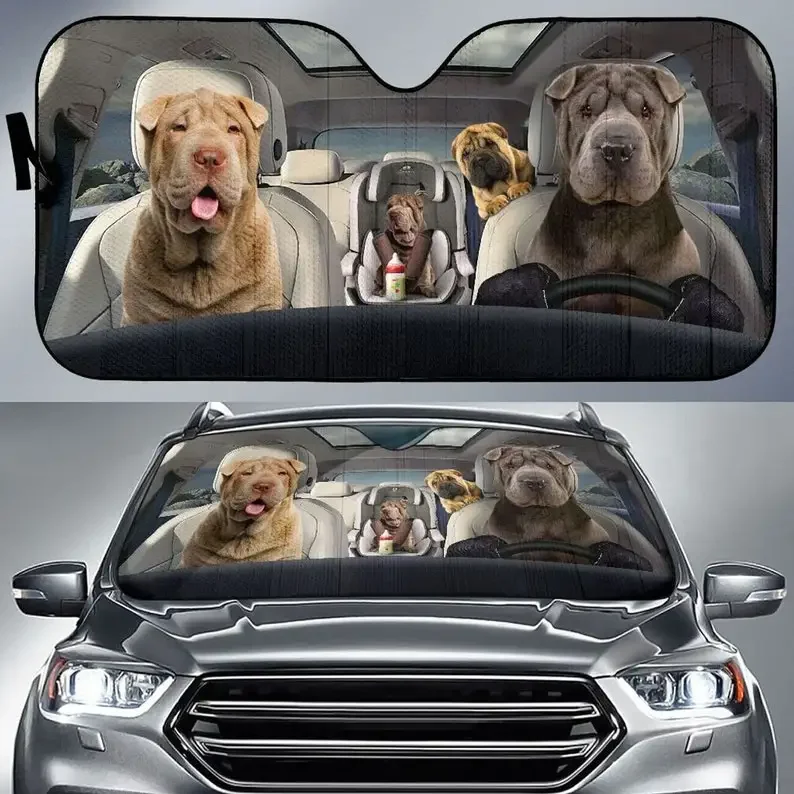 Shar Pei Family Funny Safe Driver Auto Sun Shade Customized Gift Custom Animal Pattern Sunshade,STYLE FOR CAR