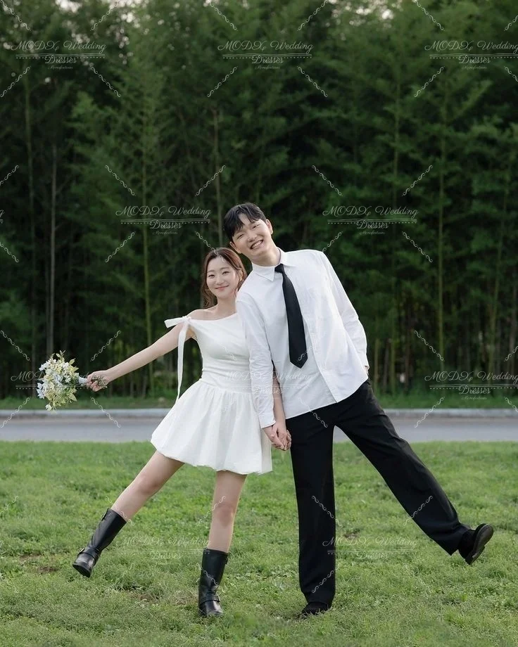 MODX Lovely Korean Ivory Wedding Dress Off-Shoulder Short Length Bubble Skirt Simple Bodice Casual Style Bridal Party Gown
