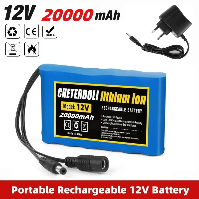 NEW Rechargeable Battery 12V 20Ah Protection Plate 18650 Lithium Battery Pack Capacity DC 12.6V CCTV Cam Monitor with Charger