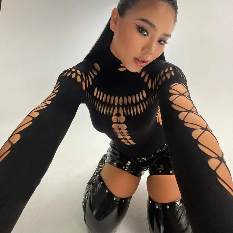 Candyhot Sexy Hollow Out High Collar Bodysuit Bodycon Y2K Long Sleeves Fashion T Shirts Women Gothic Punk Streetwear Bodysuits image 4