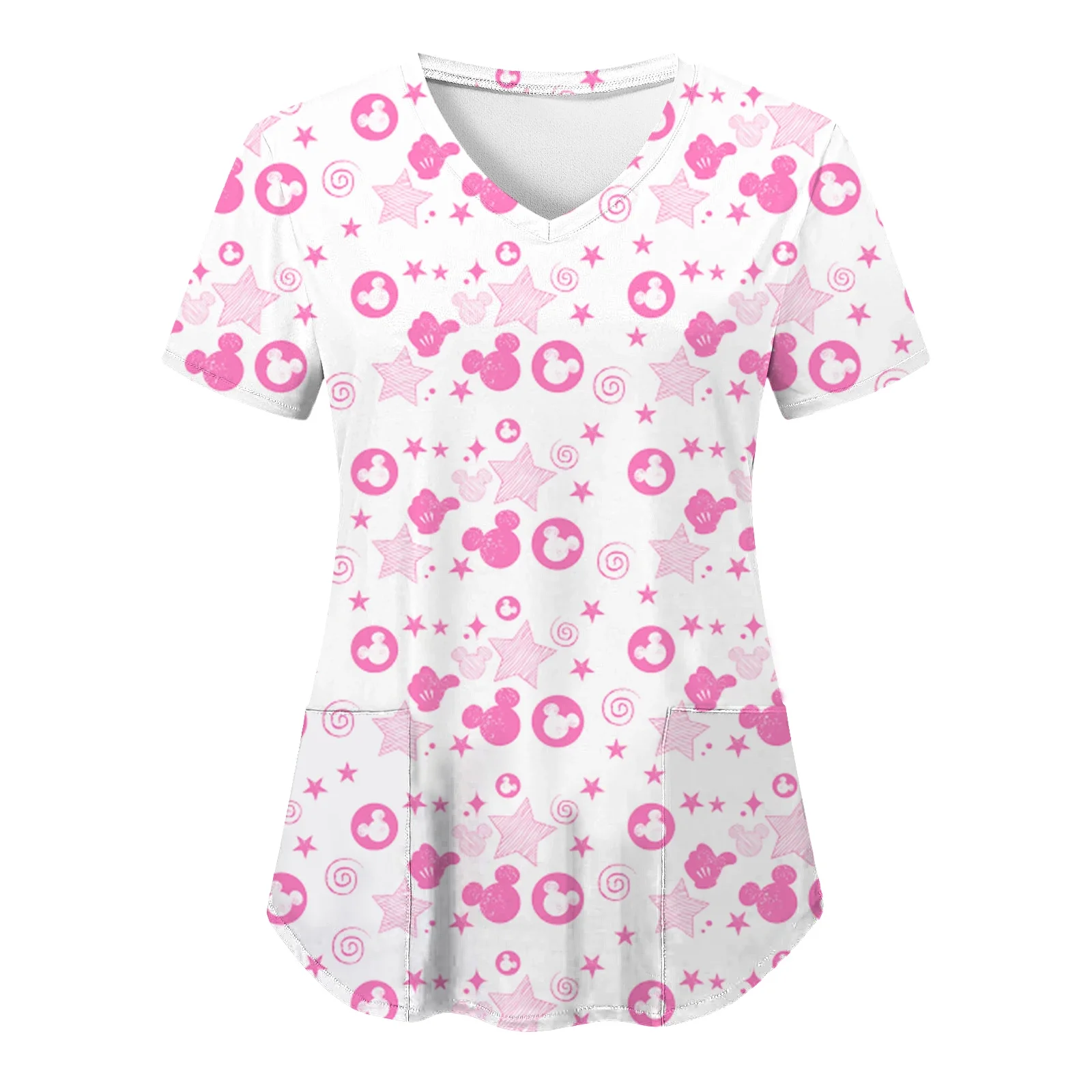 

Топы Футболки с v-образным вырезом Больничные футболки Футболка с карманами Униформа медсестры Микки Женская одежда Топ с Минни Маус Женские футболки 2025 Disney