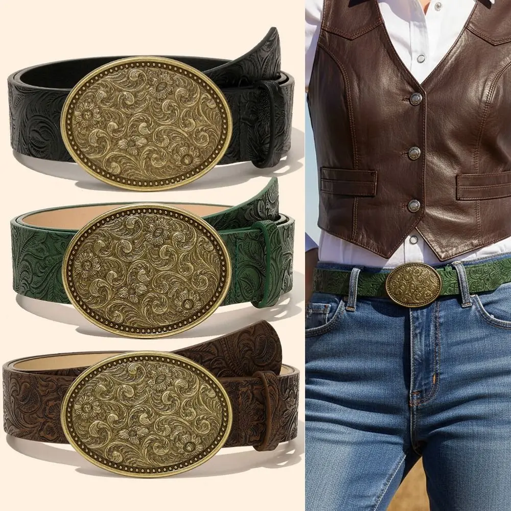 Fashion PU Leather Western Cowboy Belt Retro Punk Rock Carved Buckle Embossed Belt Y2K Vintage Jeans Pants Belt For Man Women