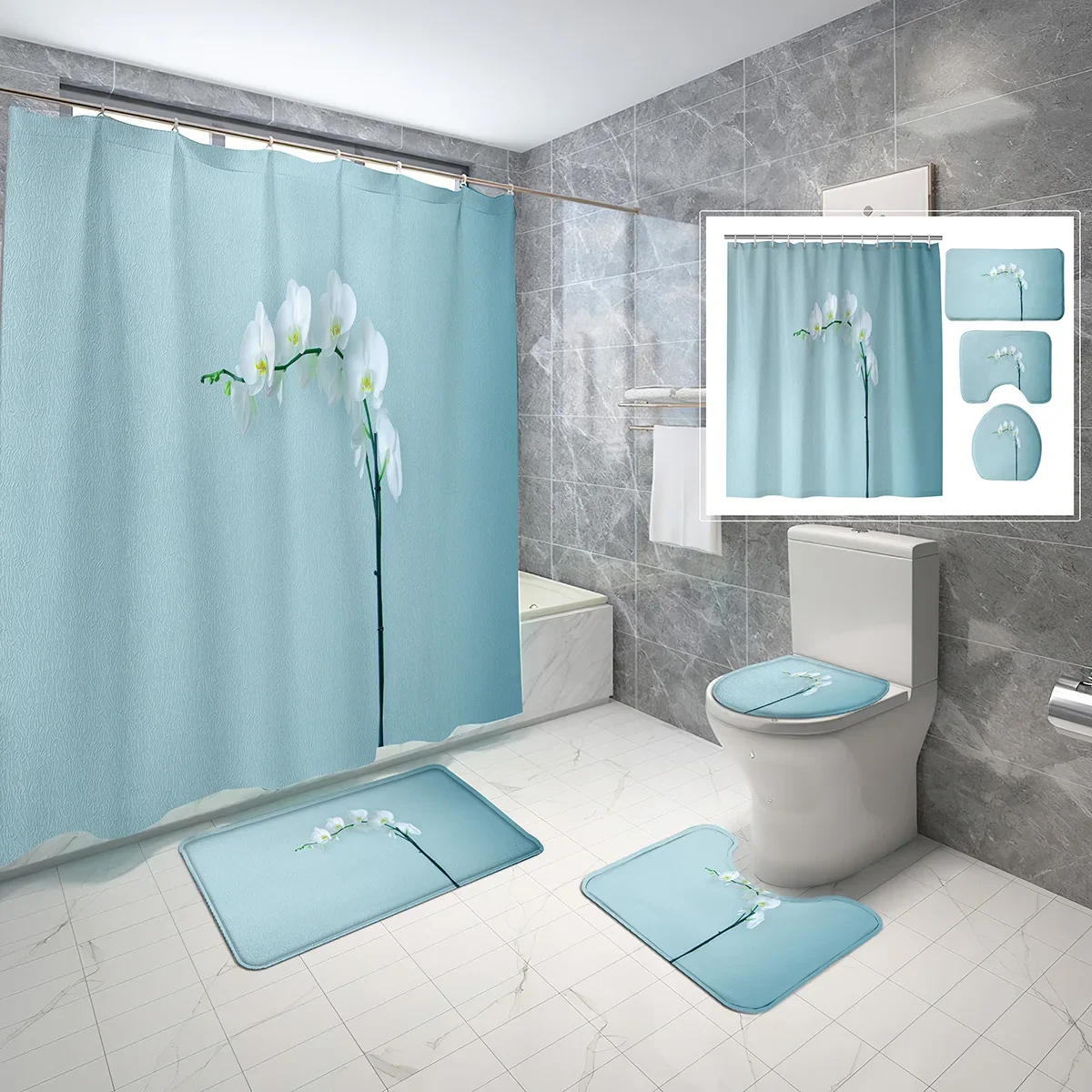 Minimalist Shower Curtain Set Abstract Plant Landscape 4 Pcs Shower Curtain Bathroom Non-Slip Bath Mat Toilet Cover