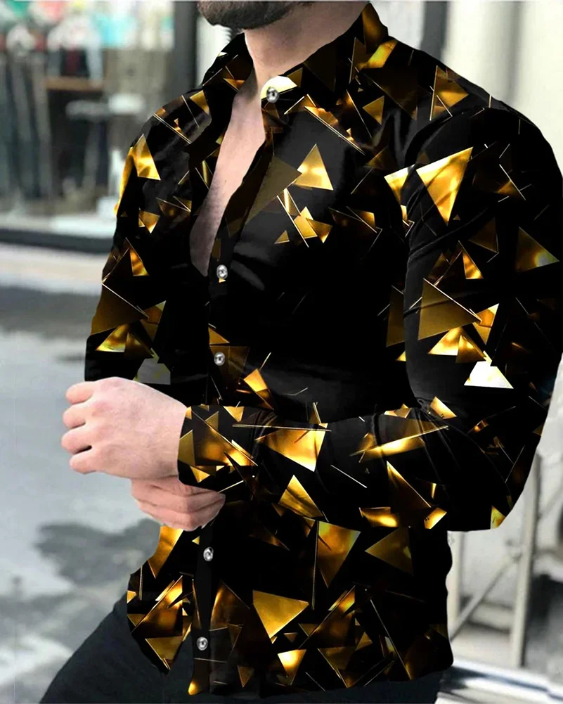 New Men's Color Gradient Geometric Color Blocks 3D Printed Shirt Men's Retro Simple Business Shirt Long Sleeve Lapel Outdoor Top