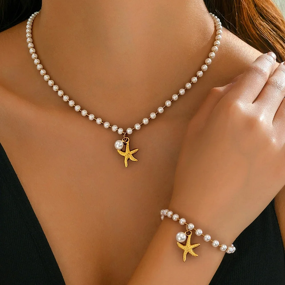 Boho style pearl starfish bracelet and necklace set, waterproof and colorfast, women's jewelry, wedding party accessories