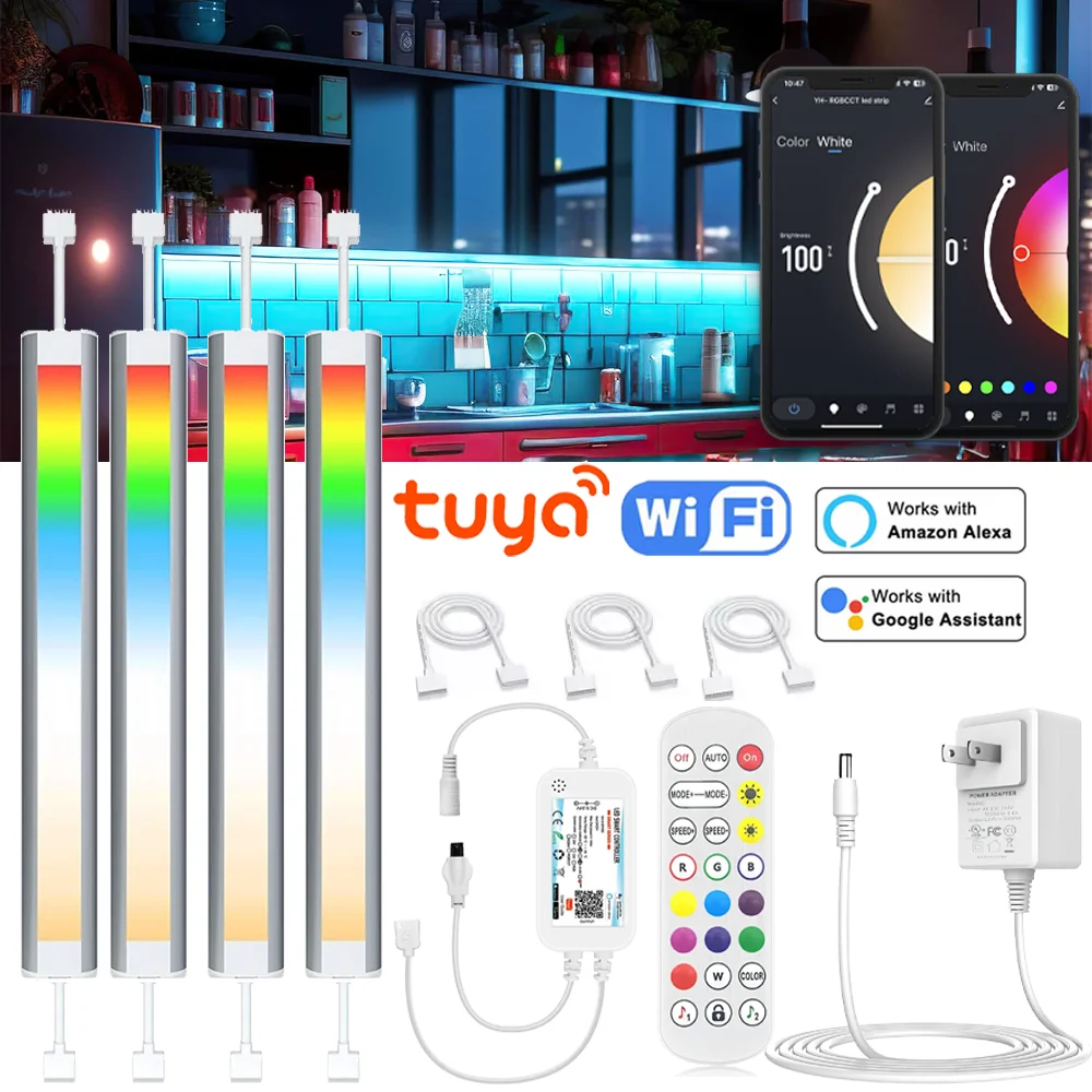 12V Tuya Wifi Under Cabinet LED Lights RGBCCT Dimmable Lamp APP Voice Control Kitchen Wardrobe Room Decor Work with Alexa Google