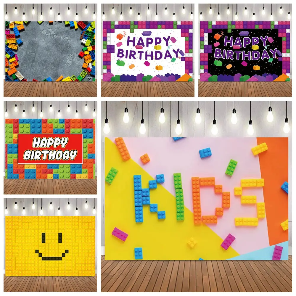 Colorful Building Blocks Photo Backdrop Happy Birthday Pixel Style Kid Birthday Party Home Decoration Photography Background