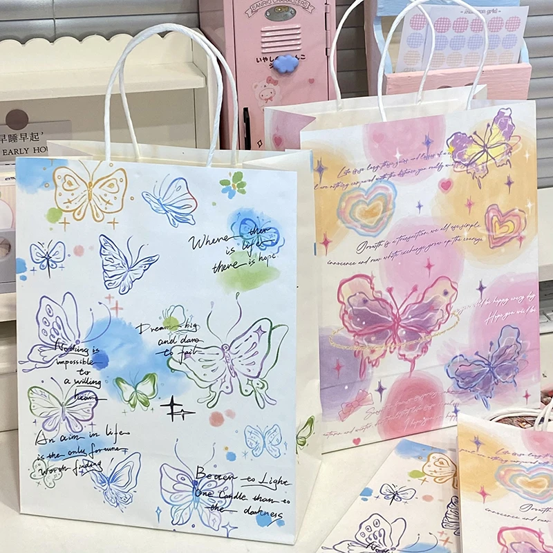 Ins Style Butterfly Gift Bags Birthday Gift Wrapping Bags Valentine's Day Tote Paper Bags Exquisite Kraft Paper Bags