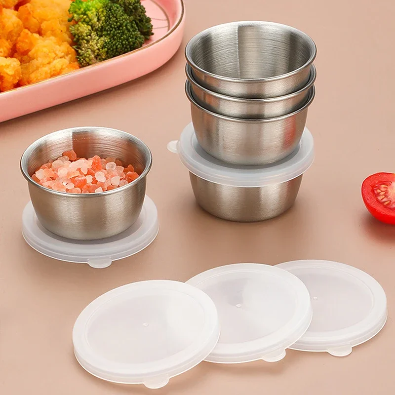 

1/6pcs 40ML Salad Dressing Container Sauce Dishes Portable Stainless Steel Small Sauce Cup With Leakproof Lids Dipping Cups