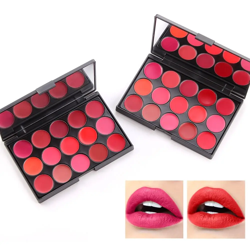 Non-Sticky Cup Matte Lipstick Palette with Mirror Long Lasting Moisturizing 15 Color Lip Gloss Palette Waterproof Red Women