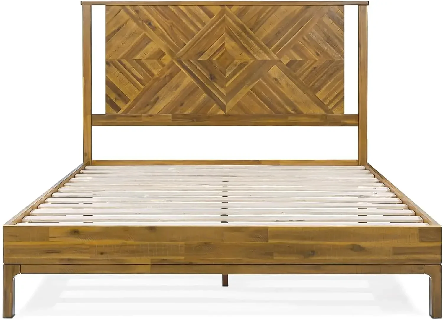 Bme Ethan Solid Wood Queen Bed Frame with Diamond Headboard - Rustic & Mid-century Modern - Acacia Wood Platform Bed - Compatibl