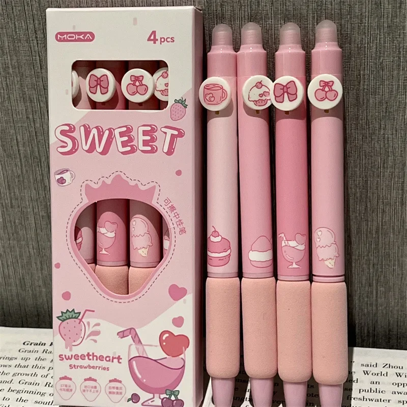 4pcs/set Pink Strawberry Soft Grip Erasable Pen Cute Sweet St Head Quick-dry Blue Erasable Gel Pen Do Homework Holiday Gift Girl