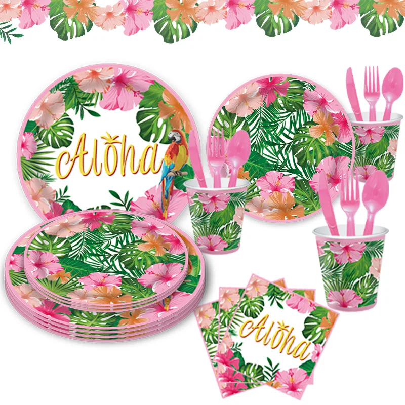 8 шт., наборы посуды на гавайскую тему Алоха, тропические растения, бумажные тарелки, чашки, салфетки, счастливое лето, Гавайи, декор для дня рождения