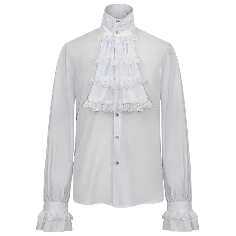 White Cotton & Lace Ruffles Stand Collar Gothic Shirt Men Vampire Pirate Cosplay Clothes Anime Halloween Victorian Medieval Top