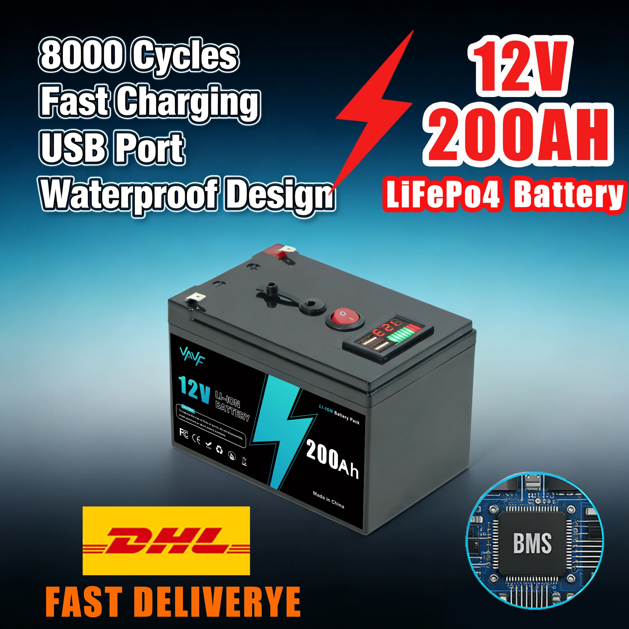 Alto 🍂 Batería LiFePO4 de calidad 12V 200Ah, 🤸 Ciclo profundo recargable con BMS para scooters, energía solar, fuera de la red, buscador de peces