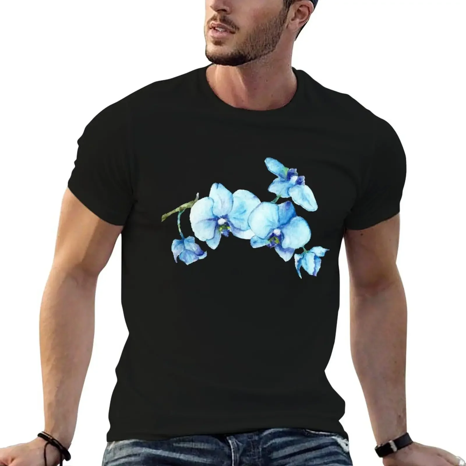 Blue Orchid Botanical Art T-Shirt graphic tee shirt plus sizes mens big and tall t shirts