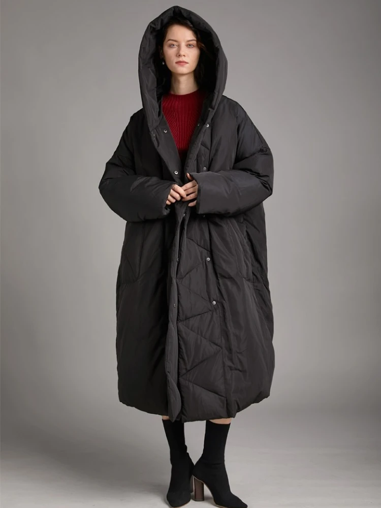 Luxury High Quality Winter 90 White Duck Down Coat Warm Women Minimalist Oversized Hooded Long Thick Down Jacket Back Slit Tops