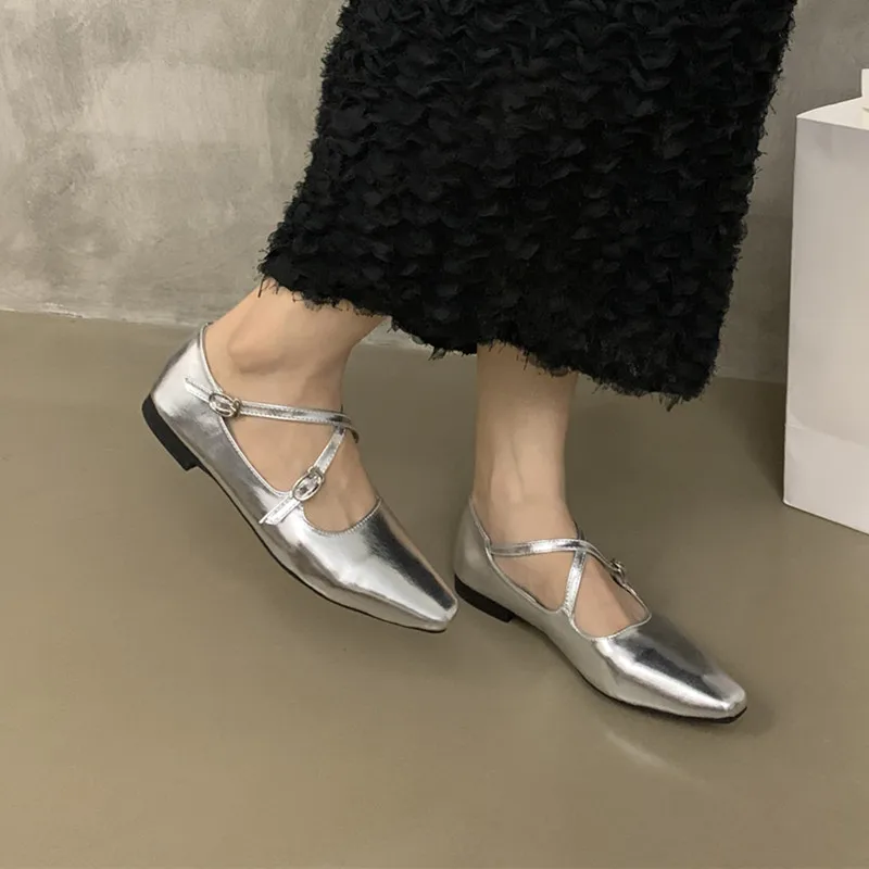 Bailamos Square Toe Ballet Shoes Fashion Low Heel Mary Jane Shoes Casaul Silver Shallow Buckle Soft Shoes Mujer