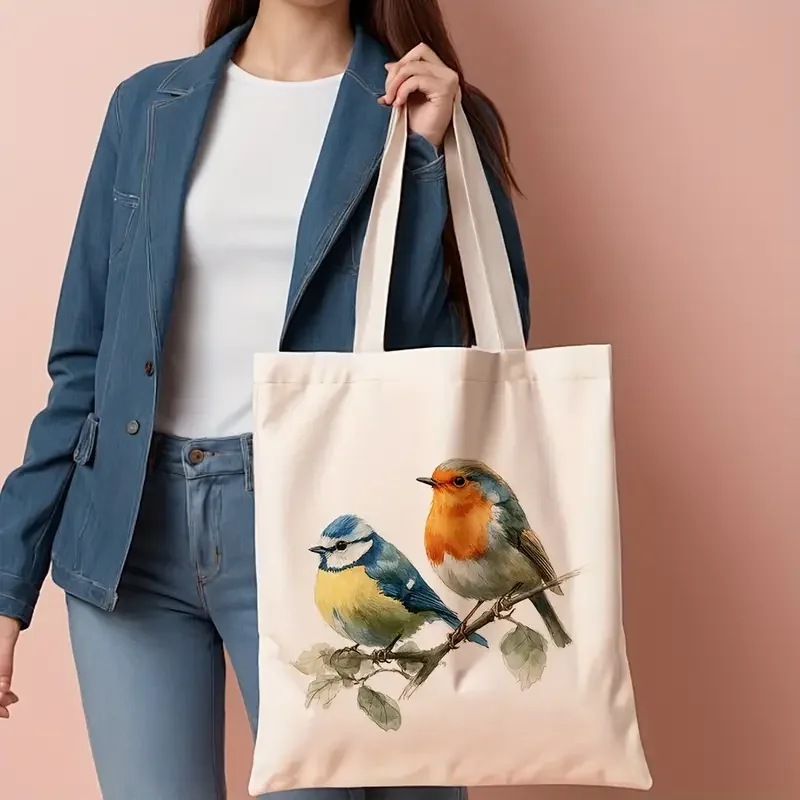 

Холщовая большая сумка с акварельным принтом птиц, милая сумка на плечо с изображением животных, многоразовая сумка для покупок для любителей природы