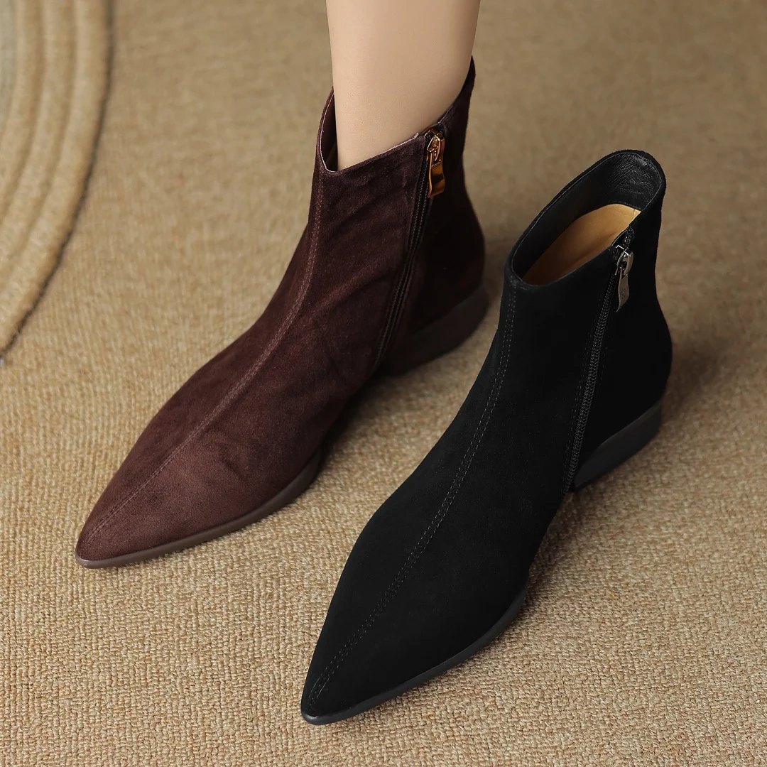 Women's natural suede leather pointed toe side zip autumn ankle boots high quality soft comfortable casual female short booties