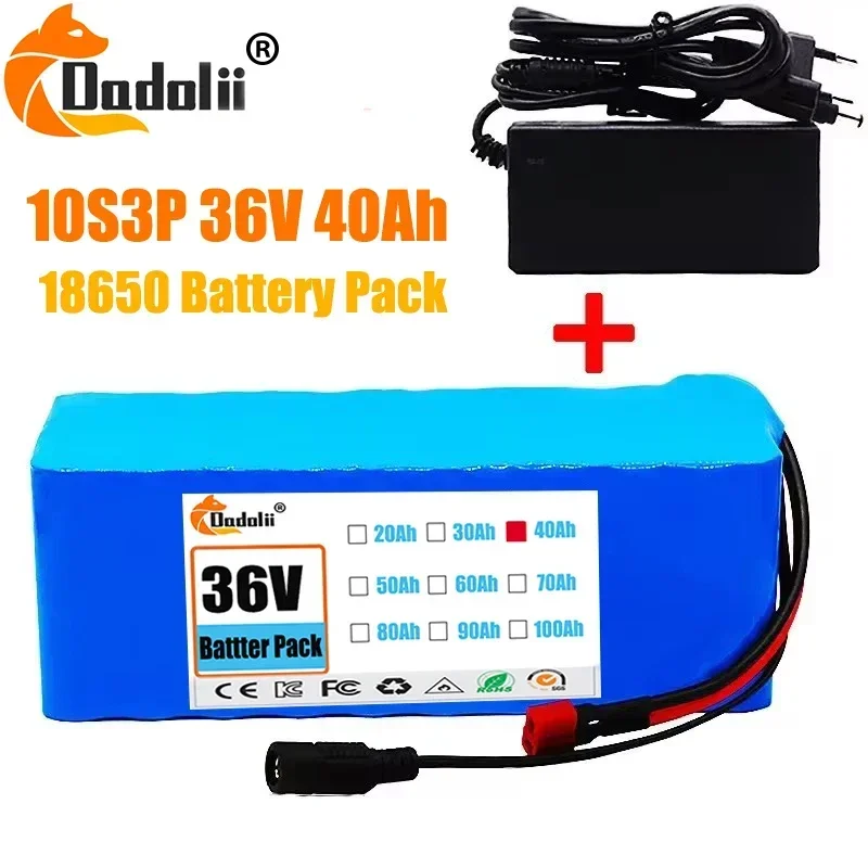 36V 10S3P 40Ah 500W High-Power Lithium Battery Pack, 42V 18650 40000mAh for Electric Bicycles & Scooters, Includes BMS + Charger