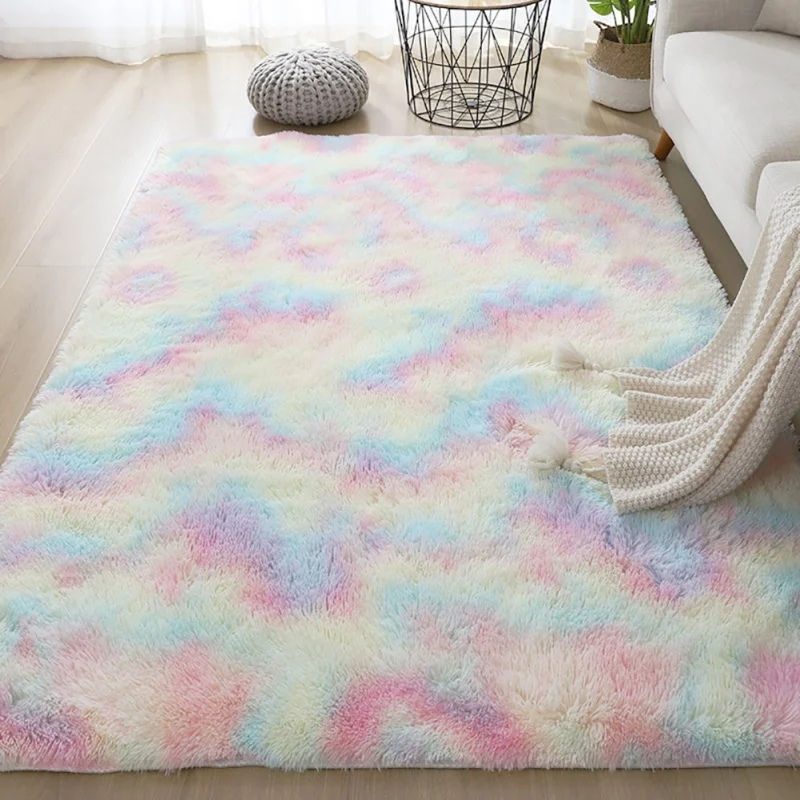 Fluffy Bedroom Rug Carpet Rugs for Bedroom Soft Long Plush Rug Tie-Dye Rainbow Area Rugs for Living Room Cute Room Decorations