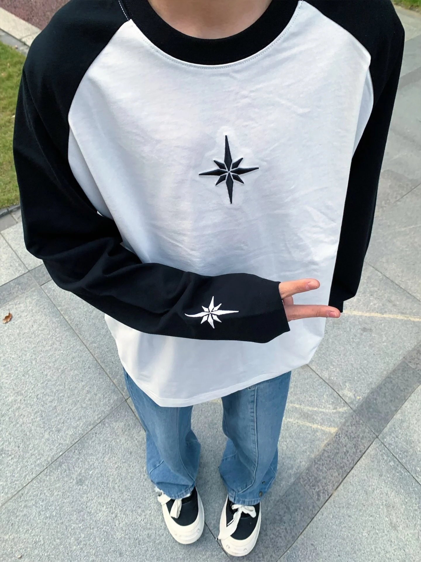 American High Street Polar Star Embroidery Long Sleeve T-Shirt Unisex Autumn Winter Color Block Shoulder Insert Cotton Pure F...