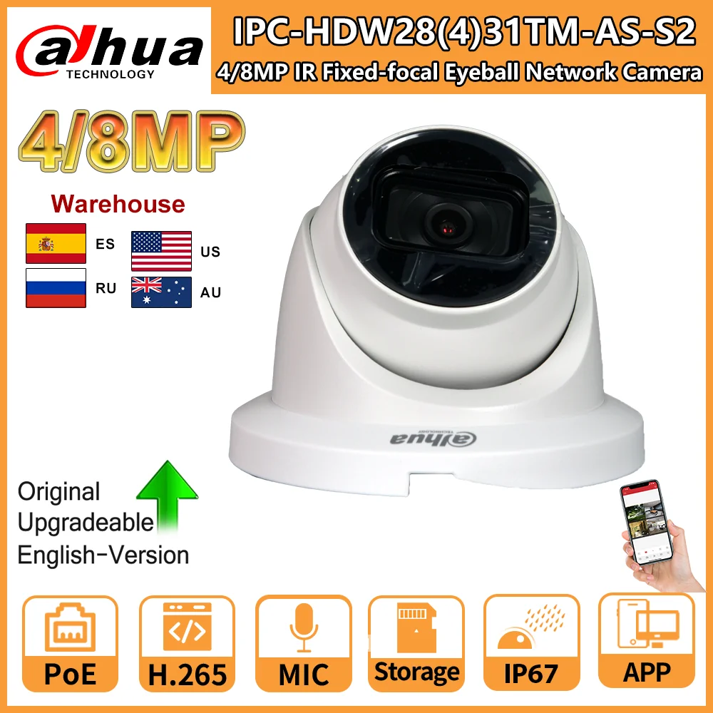 

Dahua 8MP IP Camera 4K IPC-HDW2831TM-AS-S2 4MP IPC-HDW2431TM-AS-S2 PoE IR Build-in Mic SD Card Slot Starlight CCTV Security IP67