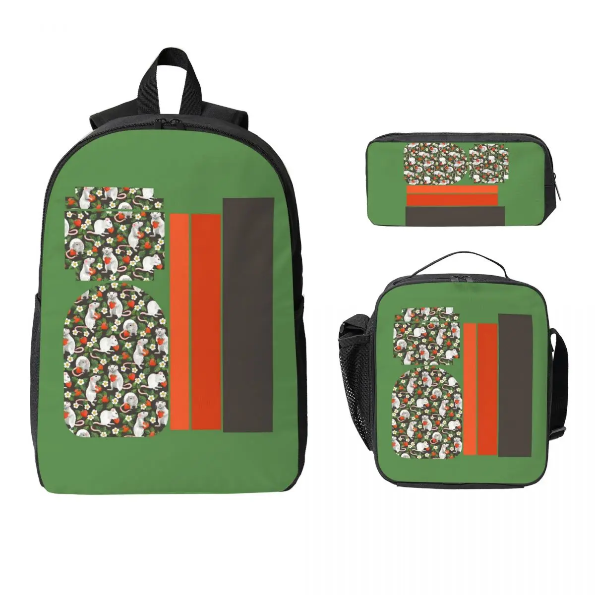 Rats Love Strawberries On Vintage Dark Brown Backpack Student Boys Girls BookBag School Bag 3ps Insulated Lunch Bag Pencil Case