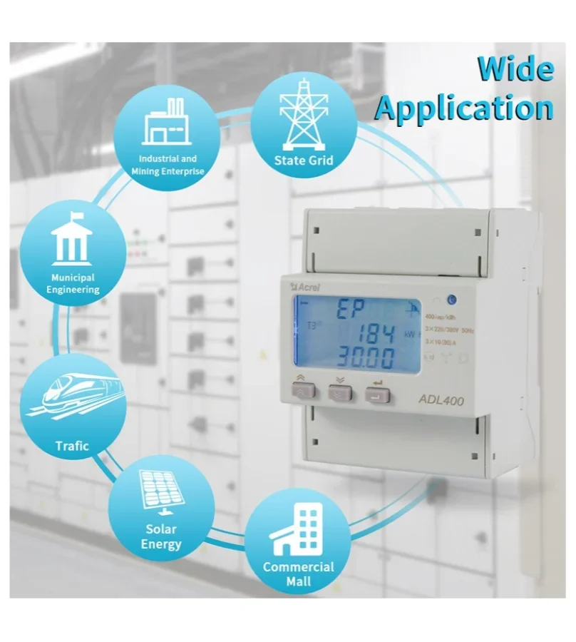 ADL400 Three-Phase DIN Rail Energy Meter KWH Power Meter With 80A Direct Connect And LCD Display For Energy Management